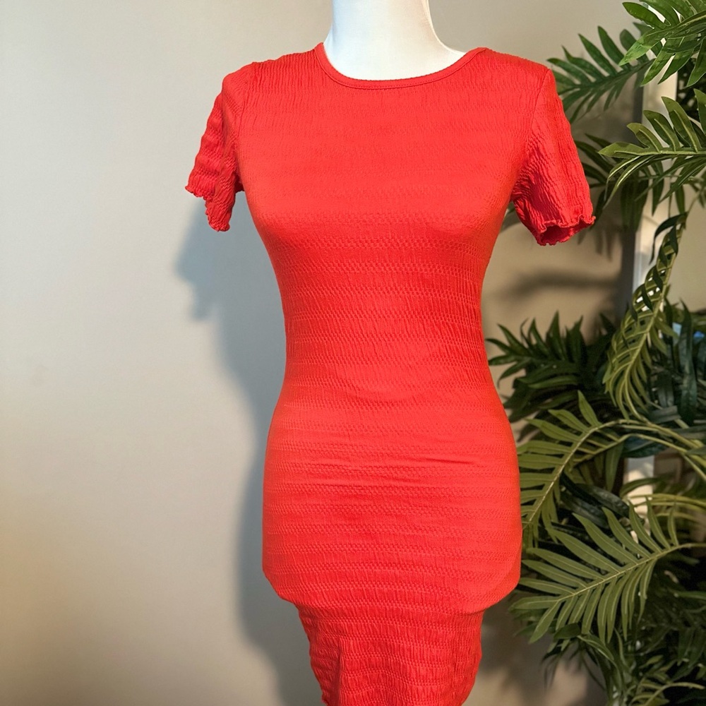 Bold Textured red ribbed body con dress short sleeve stretchy